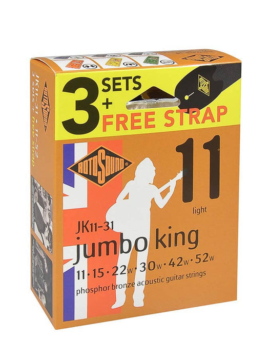 Rotosound R10 Roto Jumbo King Nickel Electric Guitar Strings, 11-52 (Pack of 3 + Free Strap)