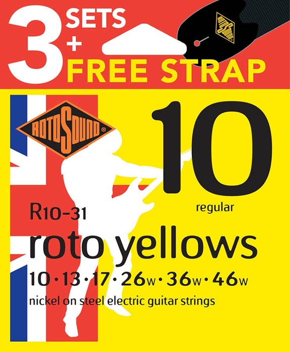 Rotosound R10 Roto Yellow Nickel Electric Guitar Strings, 10-46 (Pack of 3 + Free Strap)