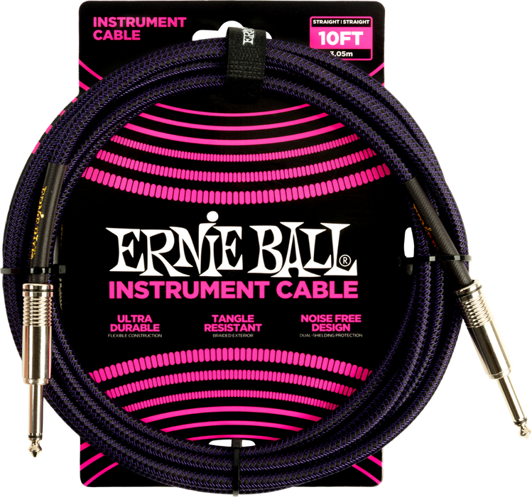 Ernie Ball Braided Cable P06393 - 10FT Purple/Black - Guitar Warehouse