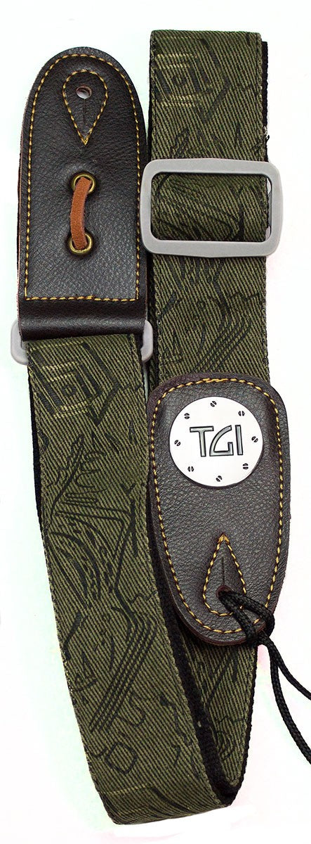 TGI Guitar  Woven Green Pattern Denim Grey Buckle - Guitar Warehouse