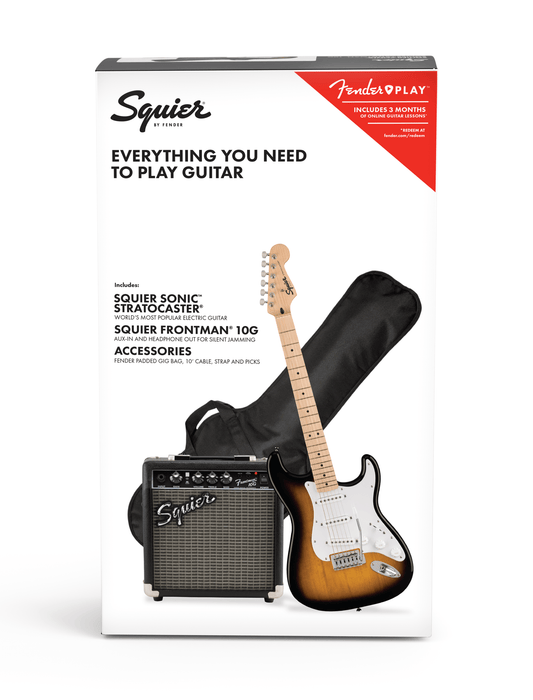 Fender Squier Sonic™ Stratocaster® Pack, Maple Fingerboard, 2-Color Sunburst, Gig Bag, 10G - 230V UK - Starter Pack