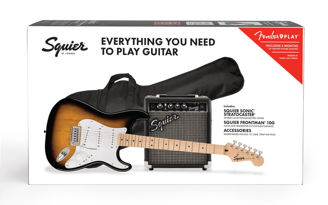 Fender Squier Sonic™ Stratocaster® Pack, Maple Fingerboard, 2-Color Sunburst, Gig Bag, 10G - 230V UK - Starter Pack