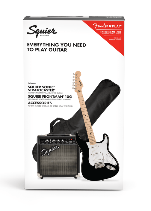 Fender Squier Sonic™ Stratocaster® Pack, Maple Fingerboard, Black, Gig Bag, 10G - 230V UK Starter Pack