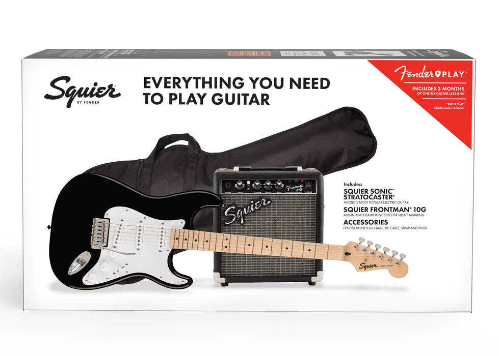 Fender Squier Sonic™ Stratocaster® Pack, Maple Fingerboard, Black, Gig Bag, 10G - 230V UK Starter Pack