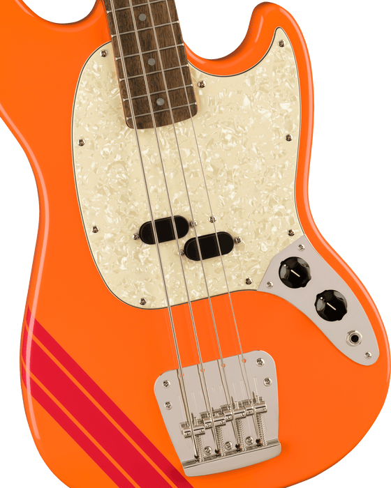 Fender Squier FSR Classic Vibe '60s Competition Mustang® Bass, Laurel Fingerboard, White Pearloid Pickguard, Capri Orange with Dakota Red Stripes