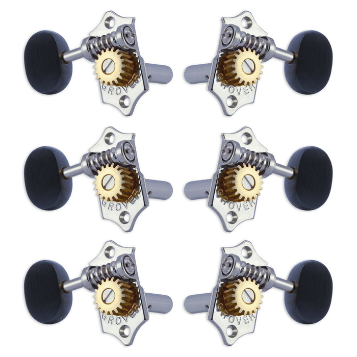 Grover STA-TITE Machineheads ~ 3+3 ~ Horizontal ~ Chrome ~ Ebony Buttons
