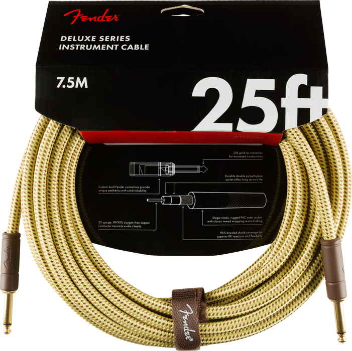Fender Deluxe Series Instrument Cable, Straight/Straight, 7.5m / 25ft Tweed
