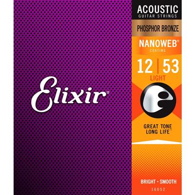 Elixir Nanoweb Phosphor Bronze Acoustic Guitar Strings 12-53 Light Gauge