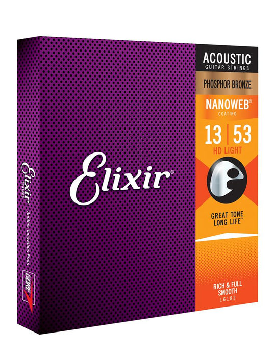 Elixir 16182 Phosphor Bronze Nanoweb HD Light 13-53 Acoustic Guitar Strings